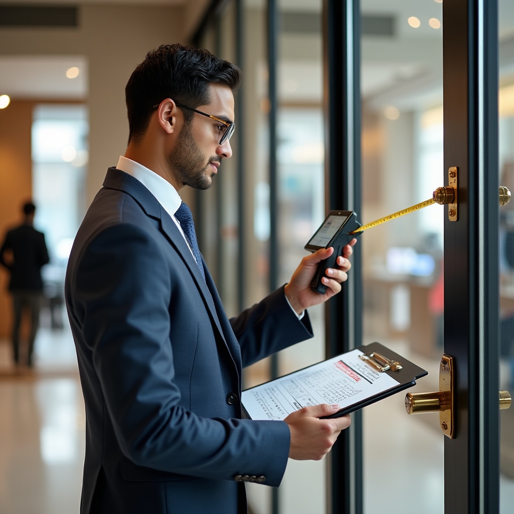 Accessibility consultant in professional attire using measuring tools to assess doorway width and clearance in modern commercial space, taking detailed notes on tablet