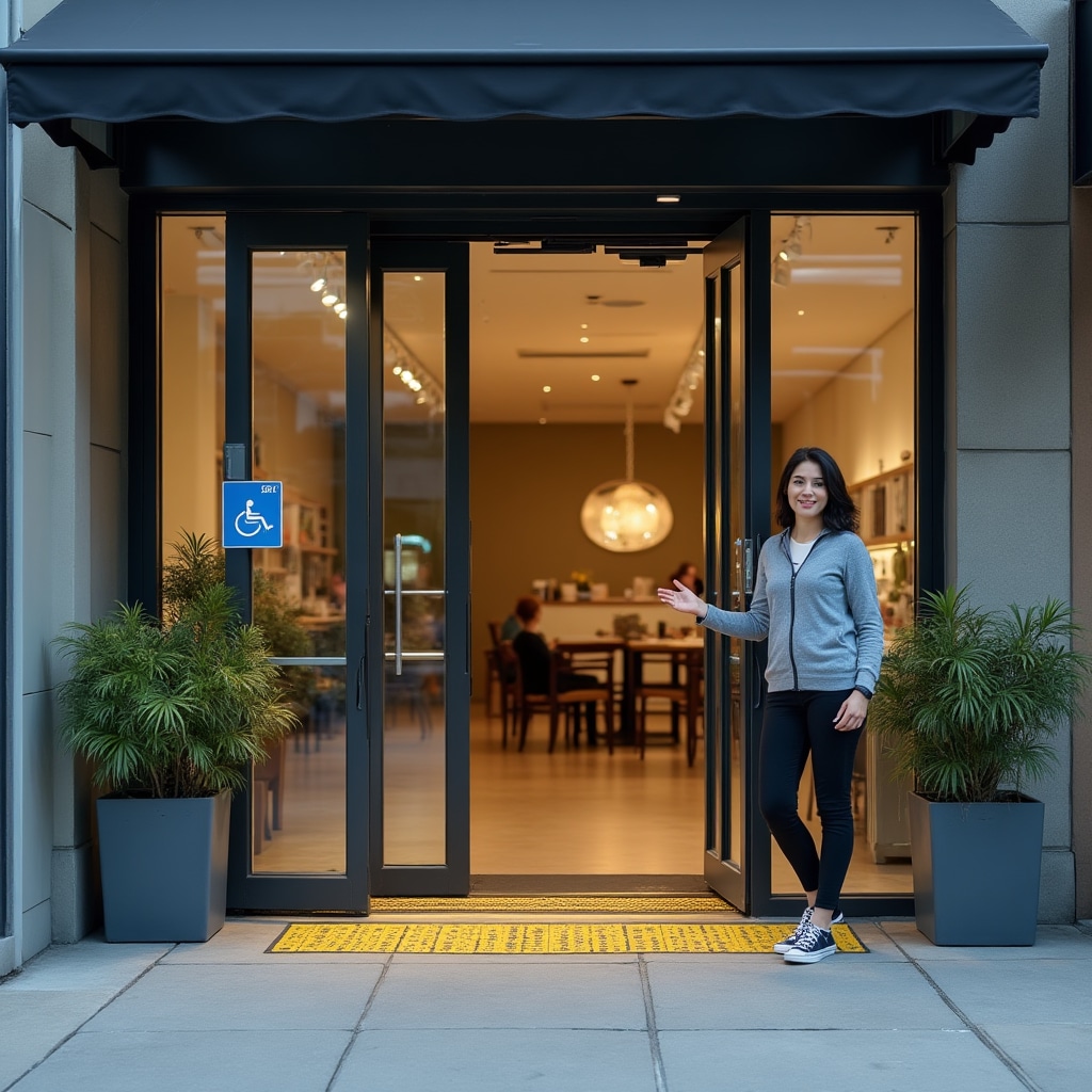 Modern commercial storefront with accessible entrance featuring wide automatic doors, level threshold, tactile paving, and clear signage