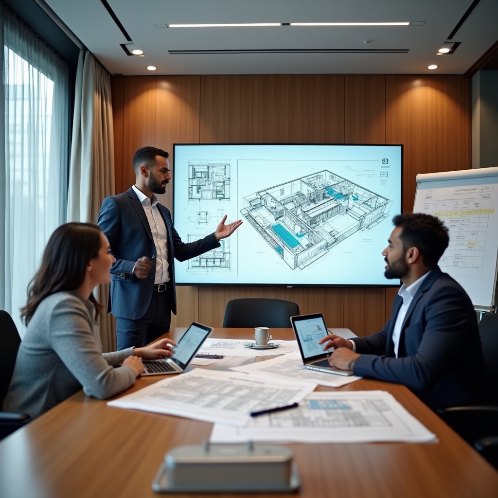 Collaborative planning session with accessibility consultant presenting architectural modification plans and phased implementation timeline to business owners around conference table with blueprints