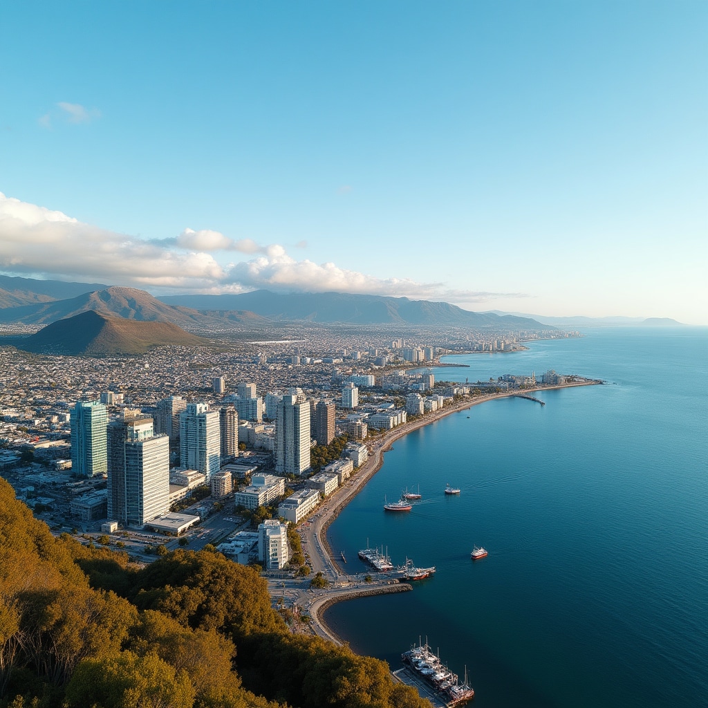 Panoramic view of Comodoro Rivadavia coastal city with modern commercial buildings along waterfront, hillside residential areas, and clear blue sky over Atlantic Ocean