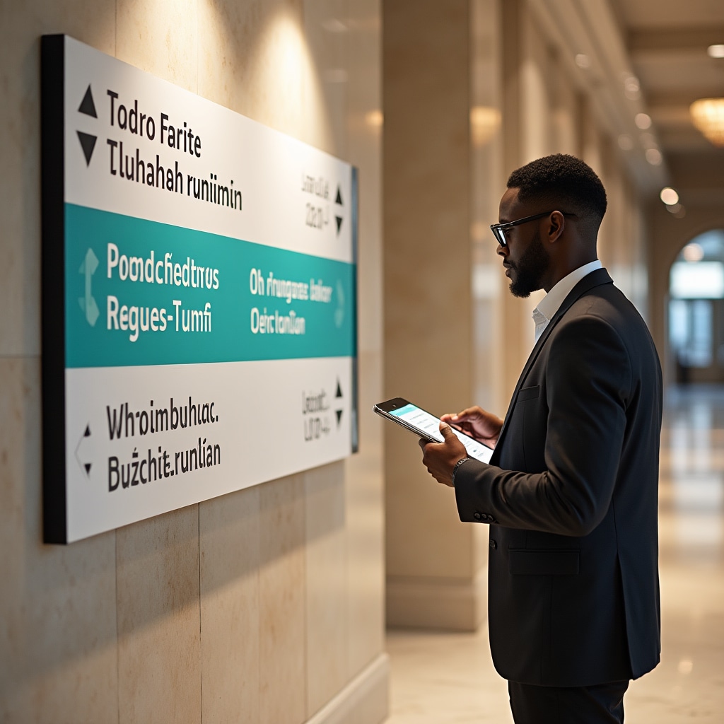 Directional signage with high color contrast, large clear typography, and consistent design language in public building interior