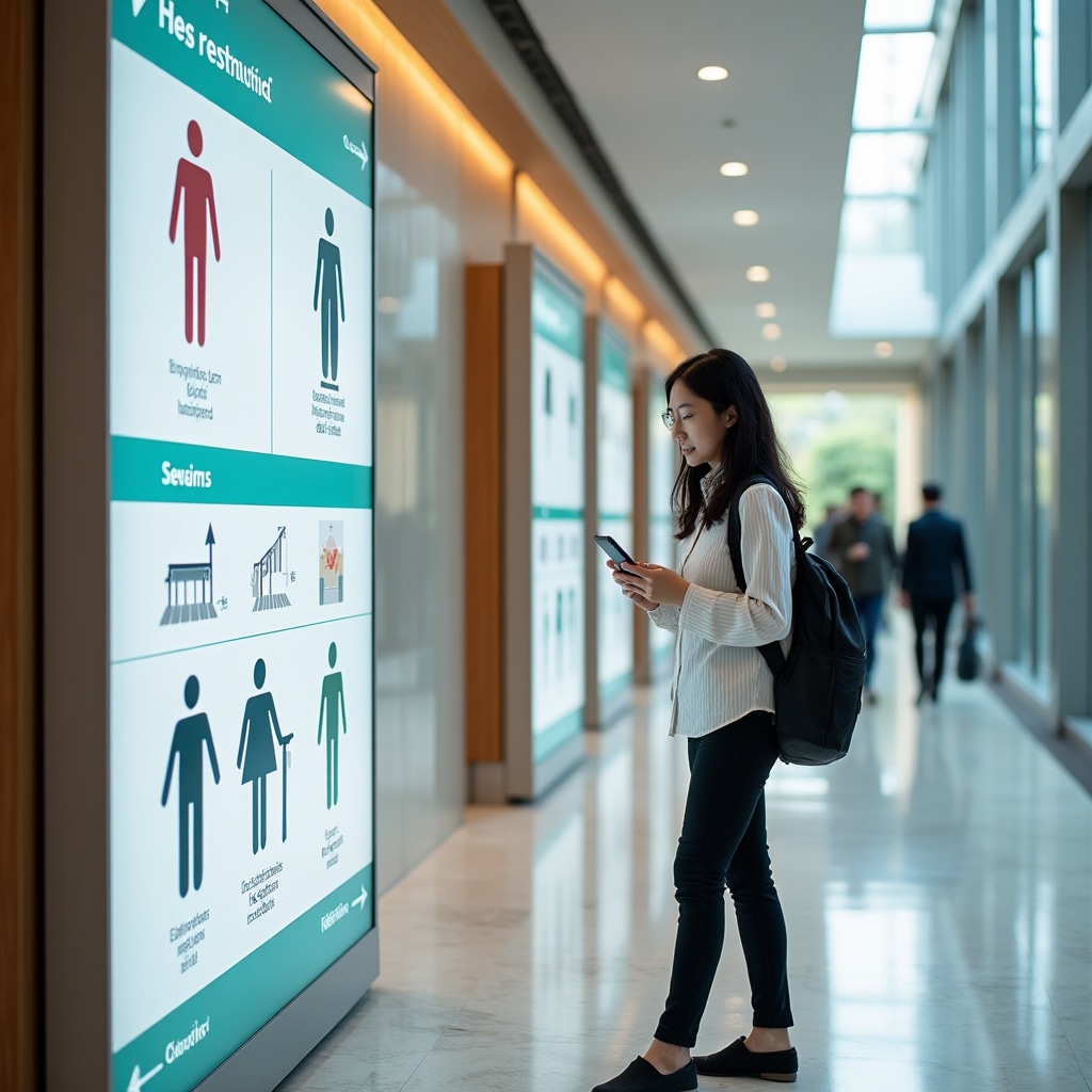 Modern wayfinding sign system with clear pictograms, multiple languages, and color-coded sections in commercial building corridor