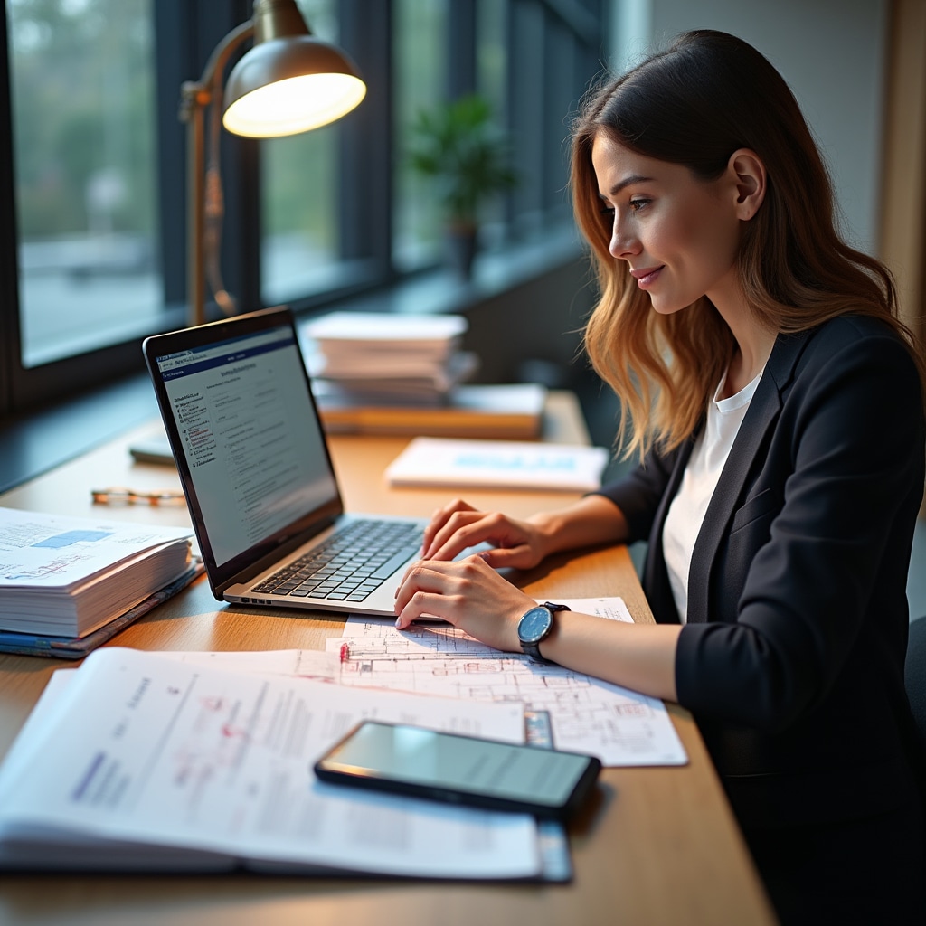 Professional reviewing accessibility regulations and building codes on laptop, surrounded by technical documents, architectural plans, and compliance checklists in modern office setting