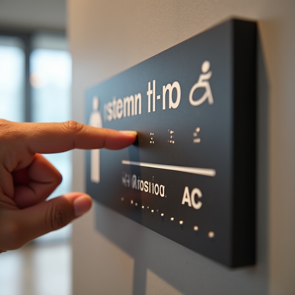 Close-up of modern tactile signage with raised letters, Braille characters, and high-contrast color scheme mounted on wall